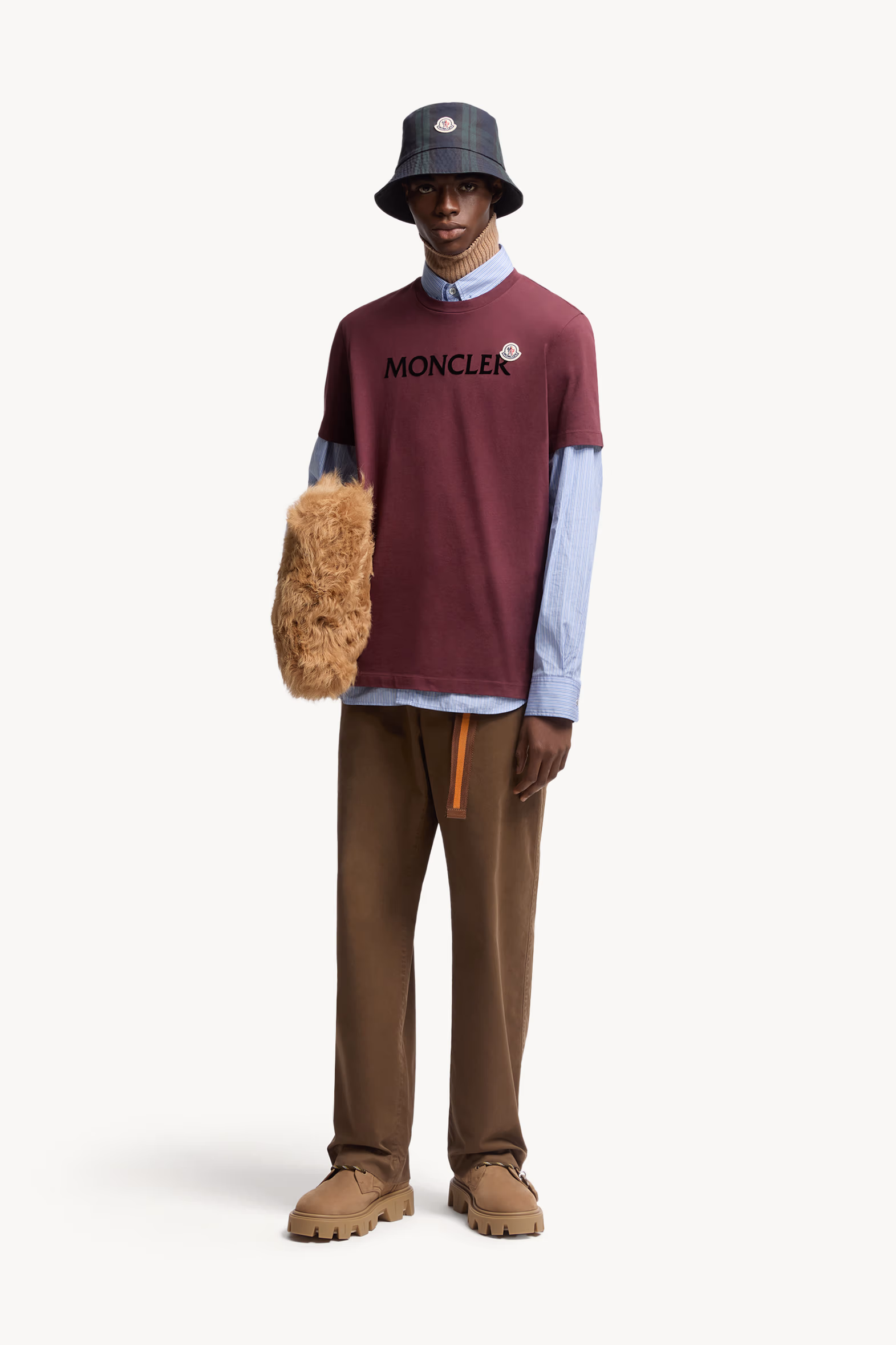 Flocked Logo Cotton T-Shirt Men Burgundy Moncler 0